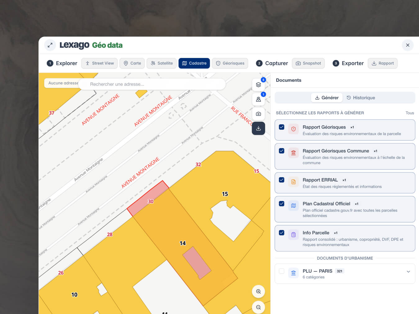 Aperçu des documents téléchargeables Lexago Géo data : cadastre, Géorisques et ERRIAL