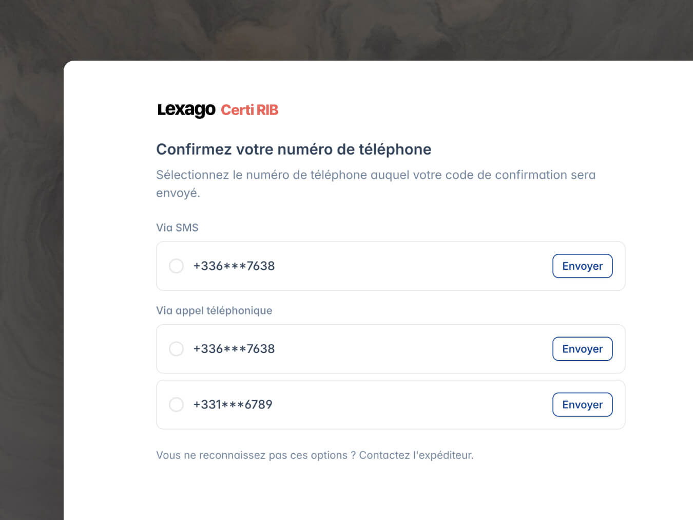 Double authentification ANSSI d'une demande de RIB dans Lexago Certi RIB : sécurisation RIB notaires renforcée contre la fraude au virement, par SMS ou ligne fixe