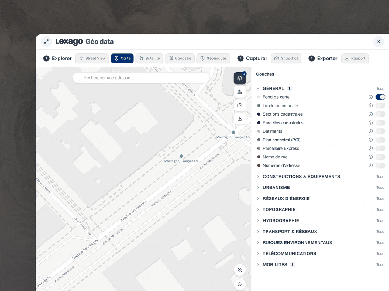 Aperçu de Lexago Géo data : exploration des données géographiques, urbanistiques et immobilières