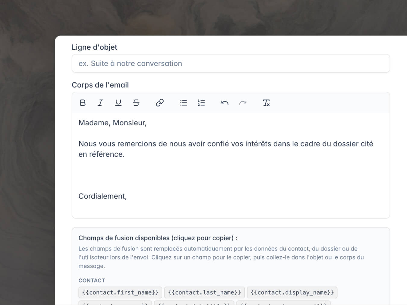 Modèles d'e-mails partagés et variables automatiques dans Lexago Procédures : ton de l'étude harmonisé pour les notaires