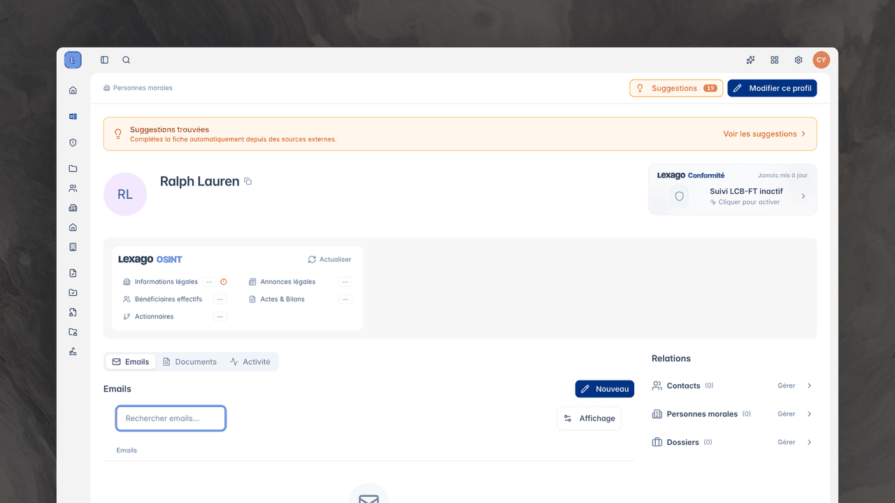 Démonstration animée de l'enrichissement OSINT des contacts dans Lexago pour les notaires
