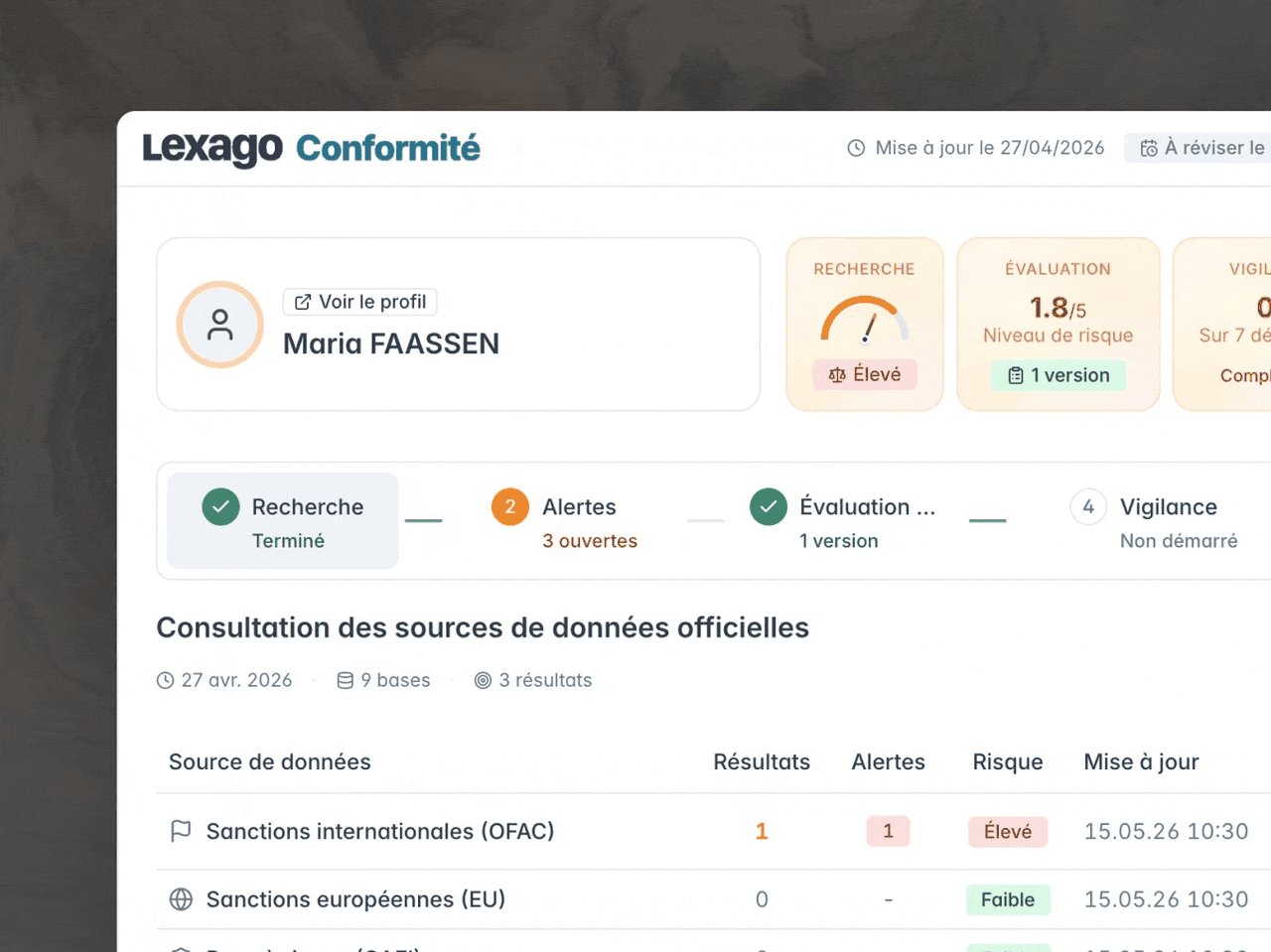 Procédure de vigilance notaires automatisée : conformité LCBFT notaires, alertes PPE et sanctions, lutte anti blanchiment conforme 6AMLD