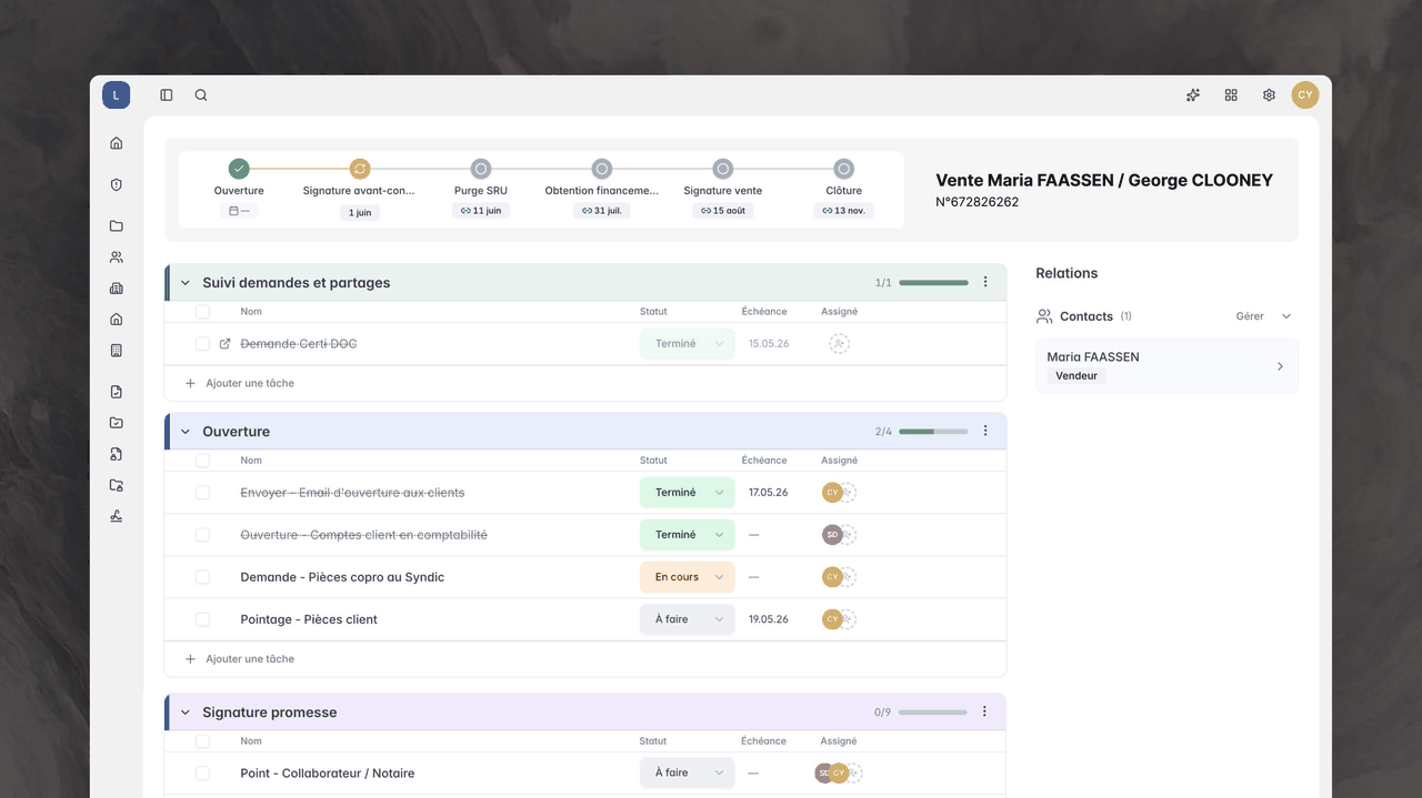 Gestion des procédures métier pour notaires : progression animée des statuts de dossier dans Lexago Procédures, workflows métier automatisés