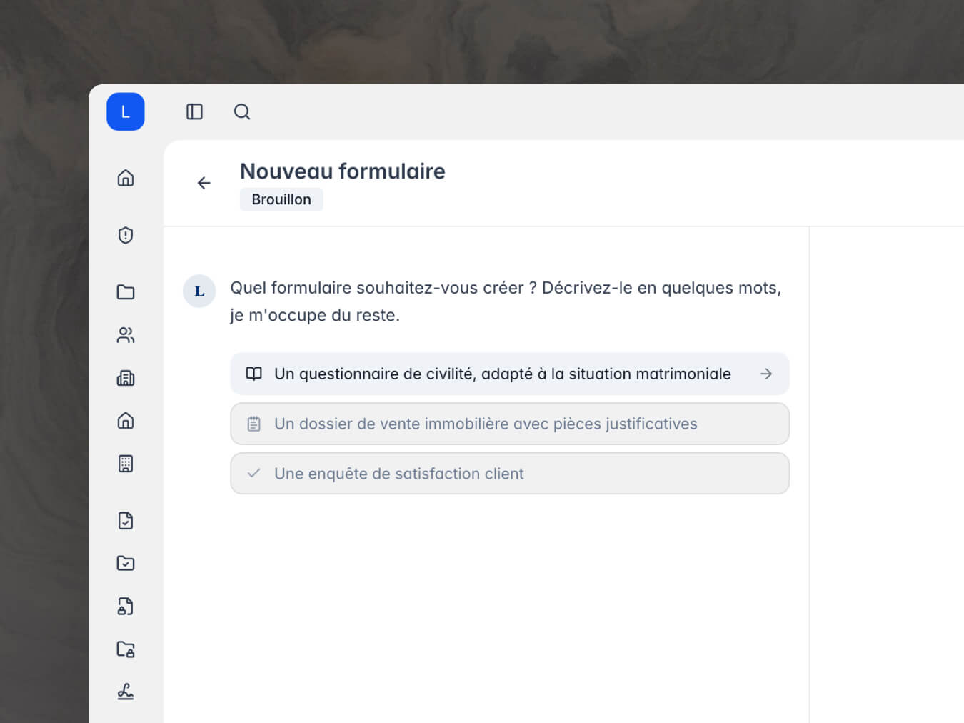 Éditeur IA de questionnaires Lexago pour notaires : générateur de questionnaires interactifs piloté par intelligence artificielle, intégré aux échanges sécurisés